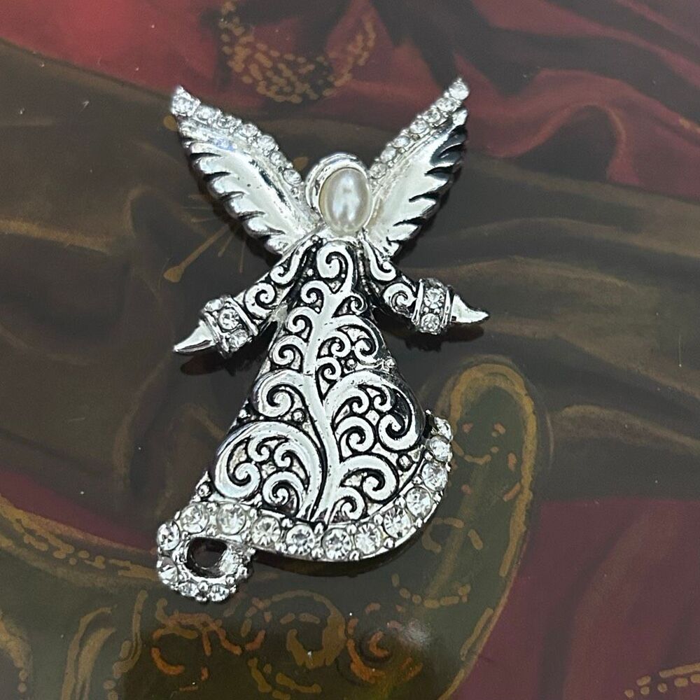 Angel Charm Pendant Women's 2.5"x 1.5" Silver-tone With Rhinestone Accents